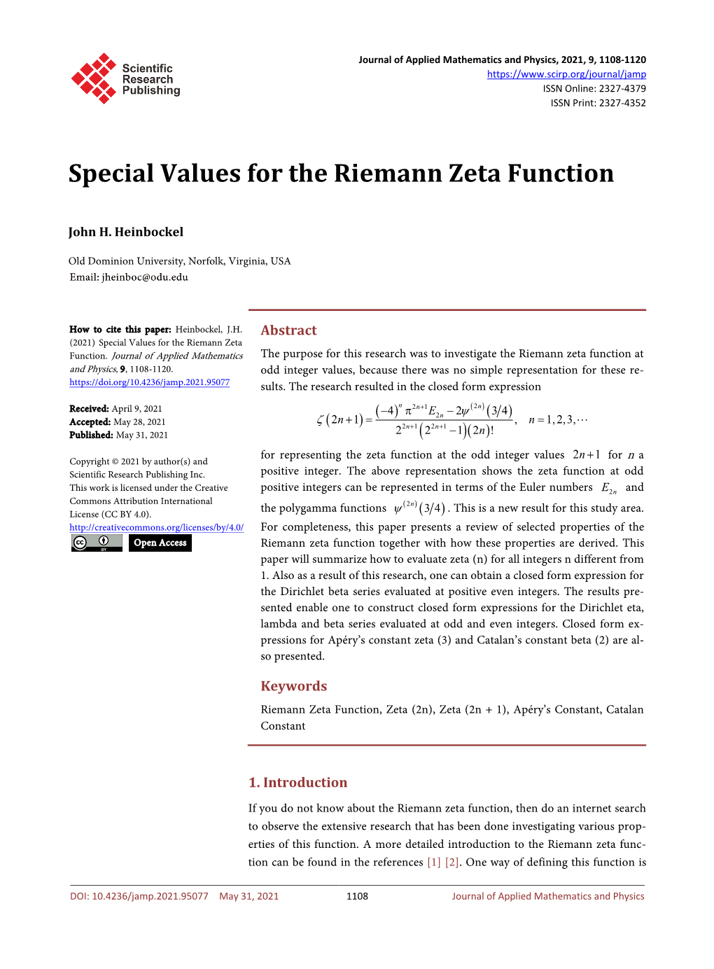 Special Values for the Riemann Zeta Function