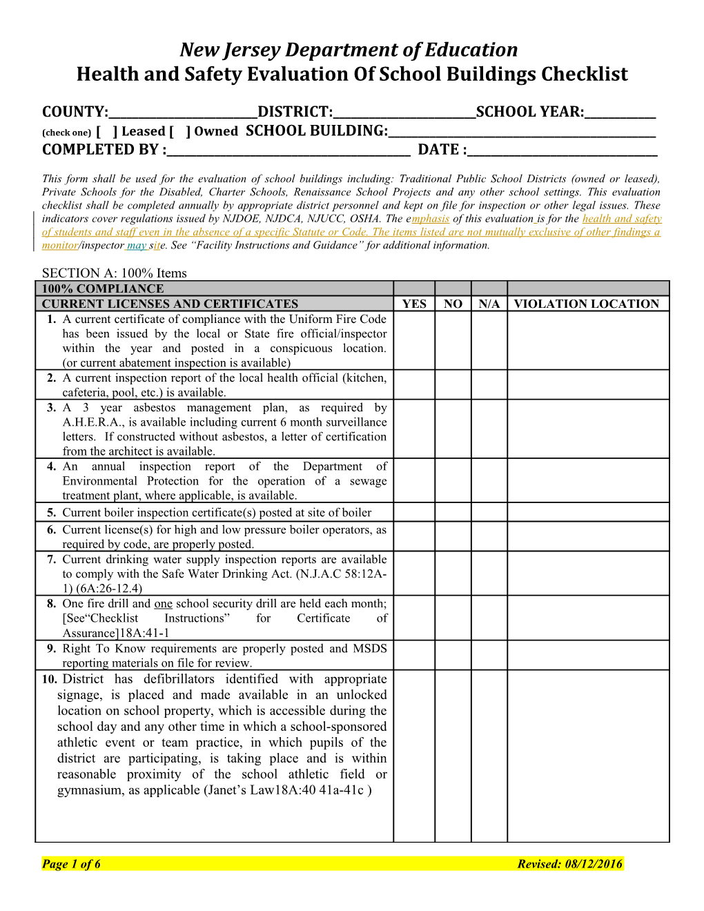 Health and Safety Evaluation of School Buildings Checklist