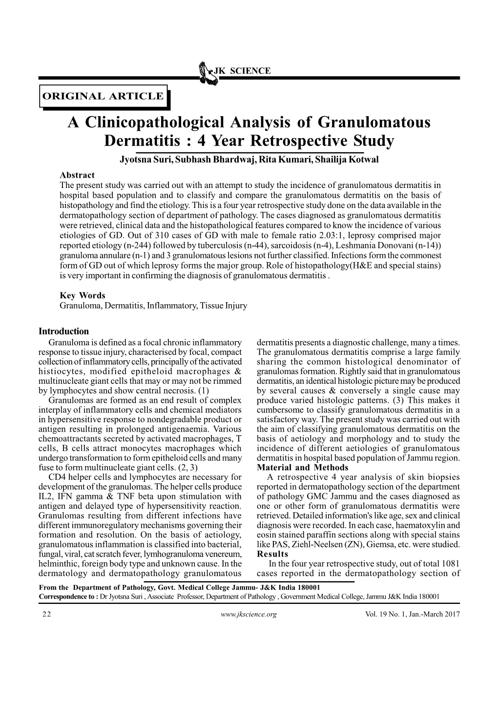 A Clinicopathological Analysis of Granulomatous