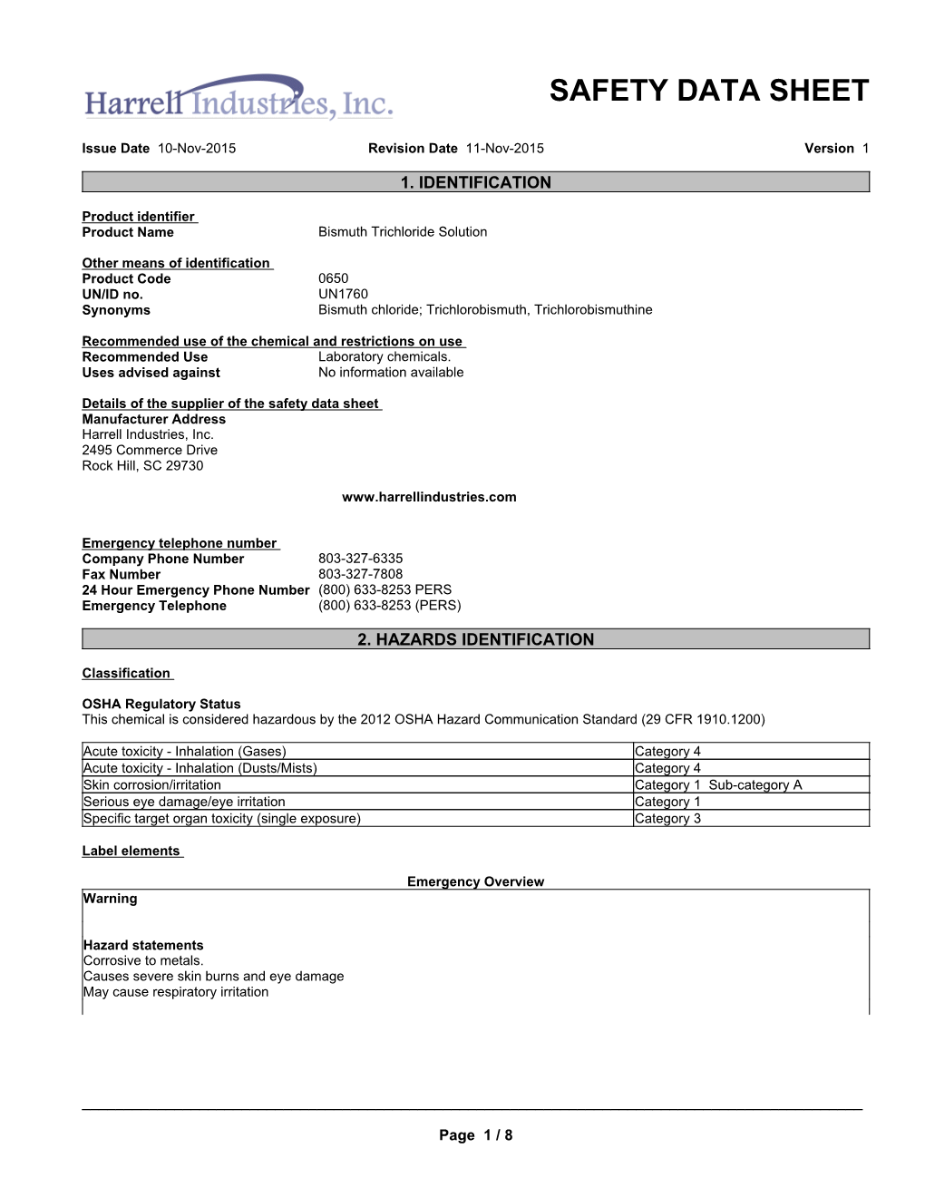 Bismuth Chloride Solution SDS US