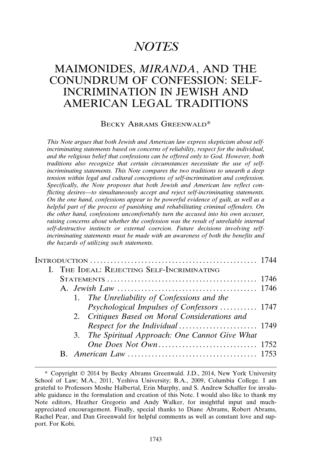 Maimonides, Miranda, and the Conundrum of Confession: Self- Incrimination in Jewish and American Legal Traditions