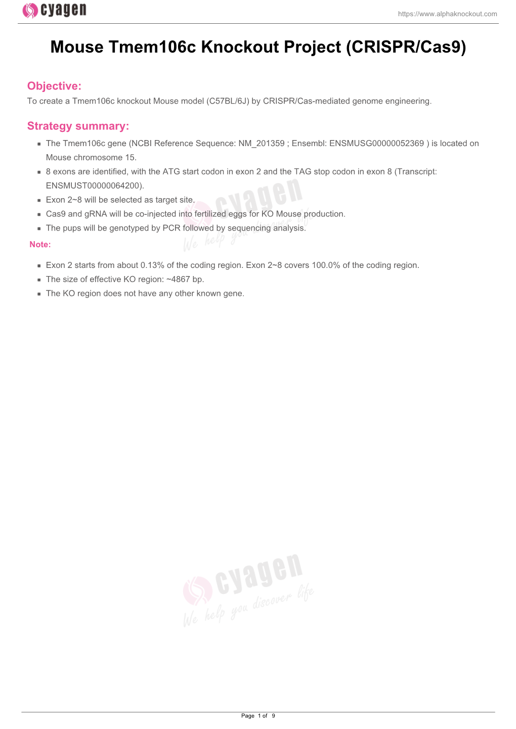 Mouse Tmem106c Knockout Project (CRISPR/Cas9)