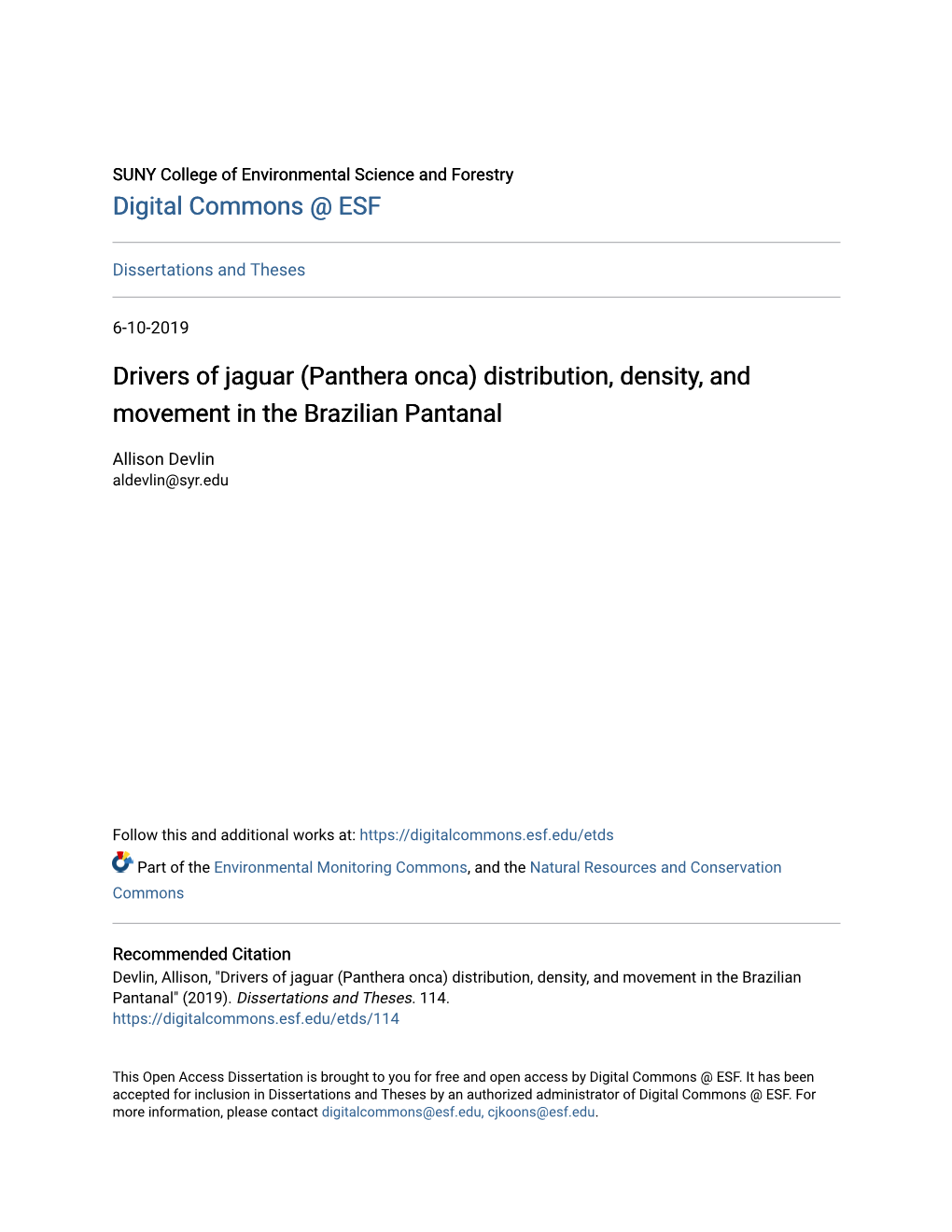 Panthera Onca) Distribution, Density, and Movement in the Brazilian Pantanal