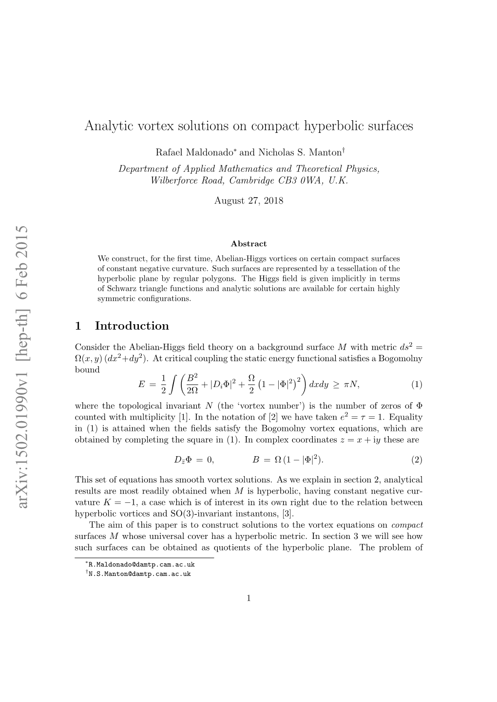 Analytic Vortex Solutions on Compact Hyperbolic Surfaces