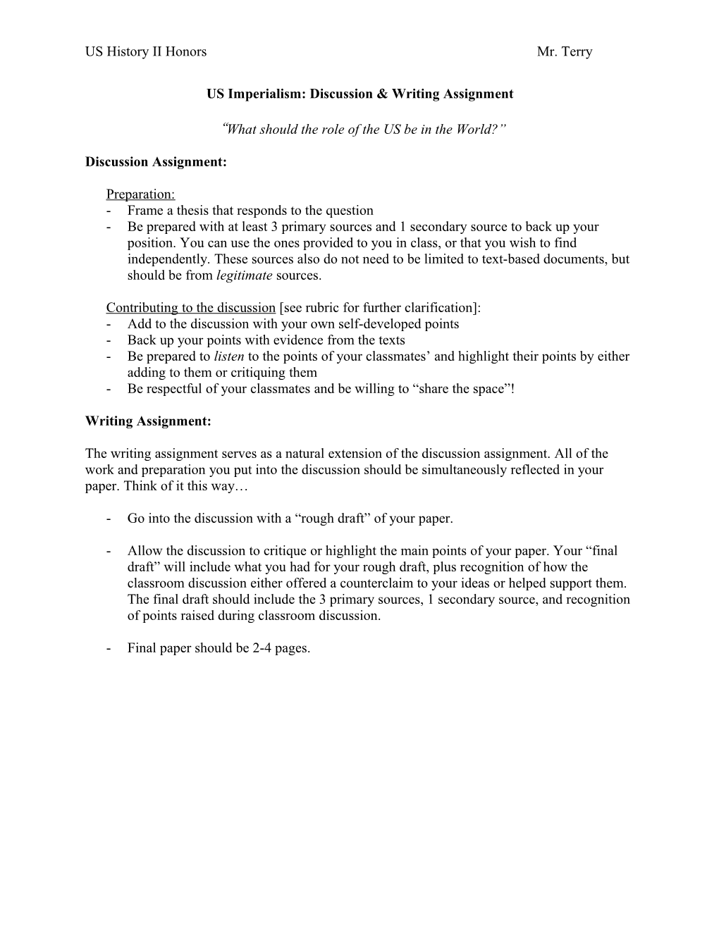 US Imperialism: Discussion & Writing Assignment