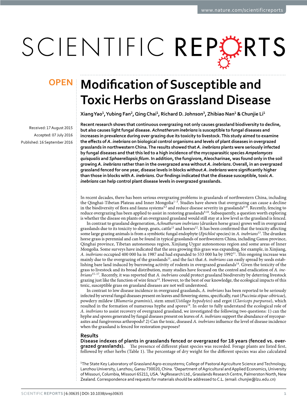 Modification of Susceptible and Toxic Herbs on Grassland Disease Xiang Yao1, Yubing Fan2, Qing Chai1, Richard D