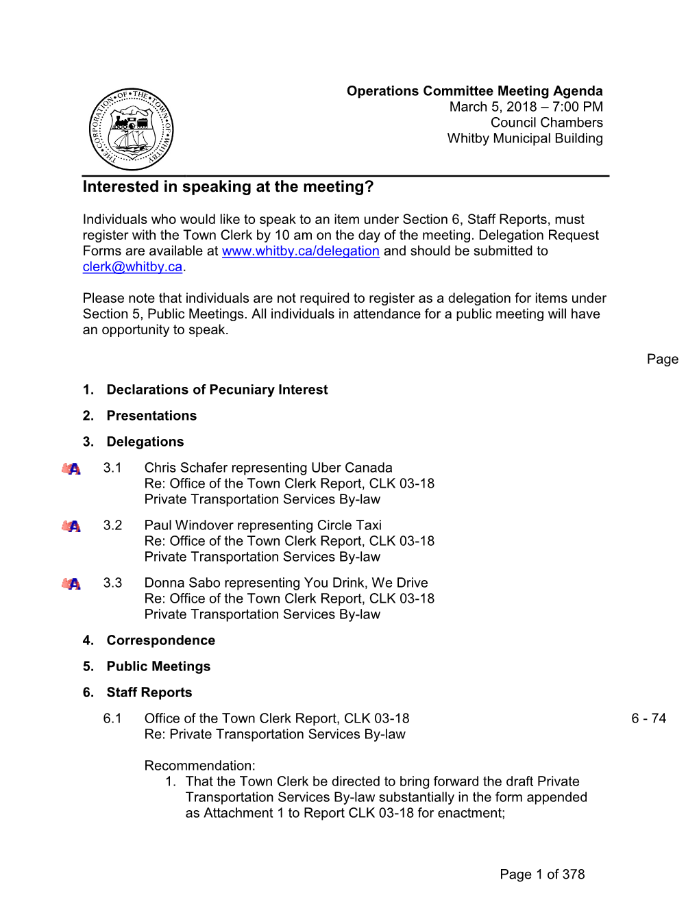 Operations Committee Meeting Agenda March 5, 2018 – 7:00 PM Council Chambers Whitby Municipal Building