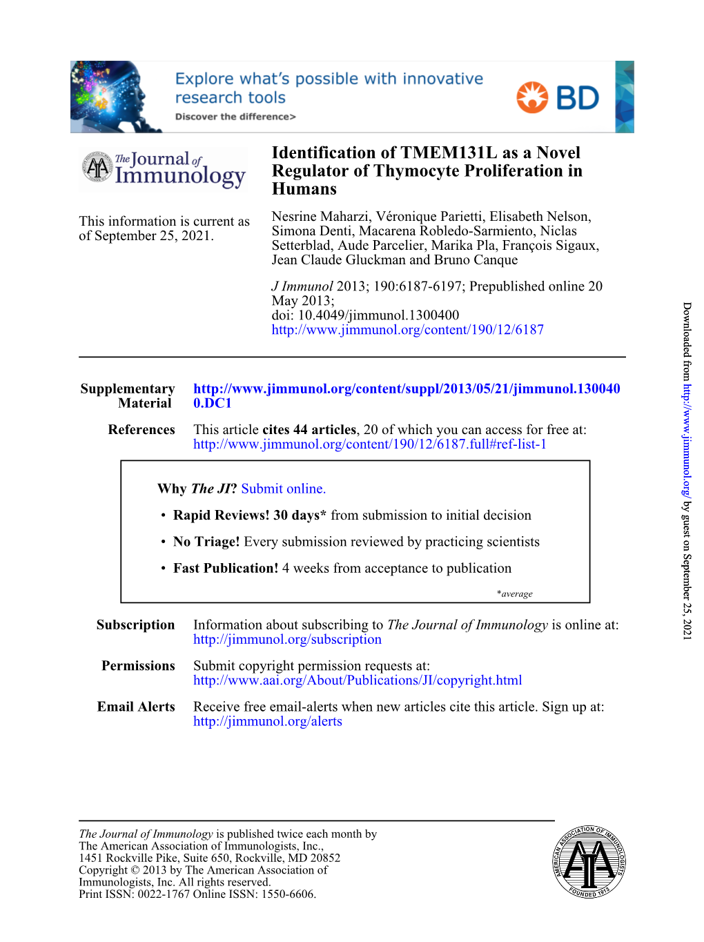 Identification of TMEM131L As a Novel Regulator of Thymocyte Proliferation in Humans