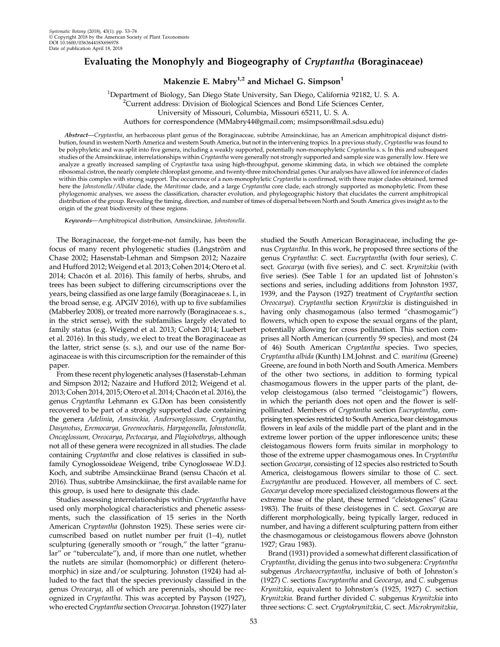 Evaluating the Monophyly and Biogeography of Cryptantha (Boraginaceae)