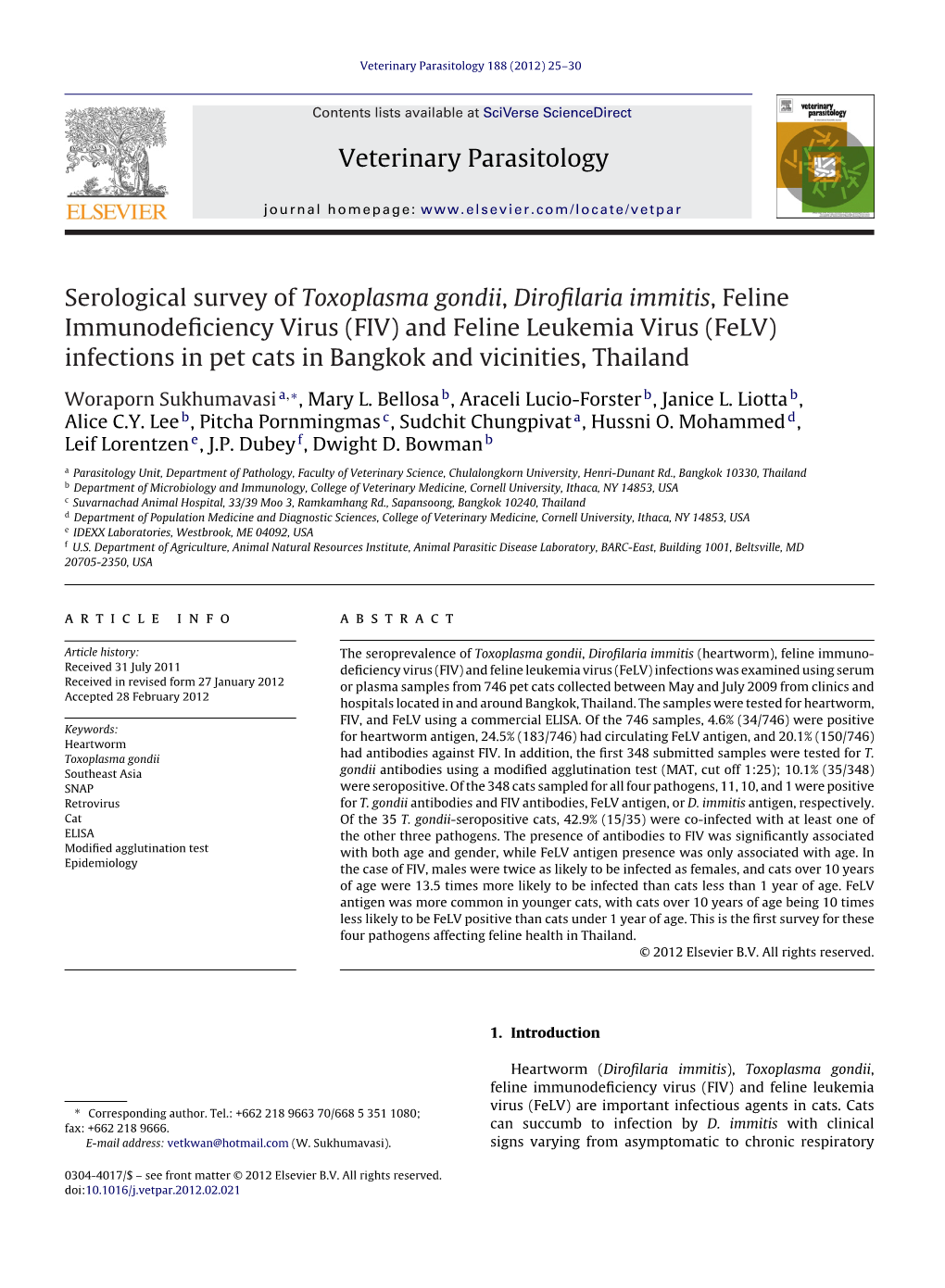 Serological Survey of Toxoplasma Gondii, Dirofilaria Immitis, Feline