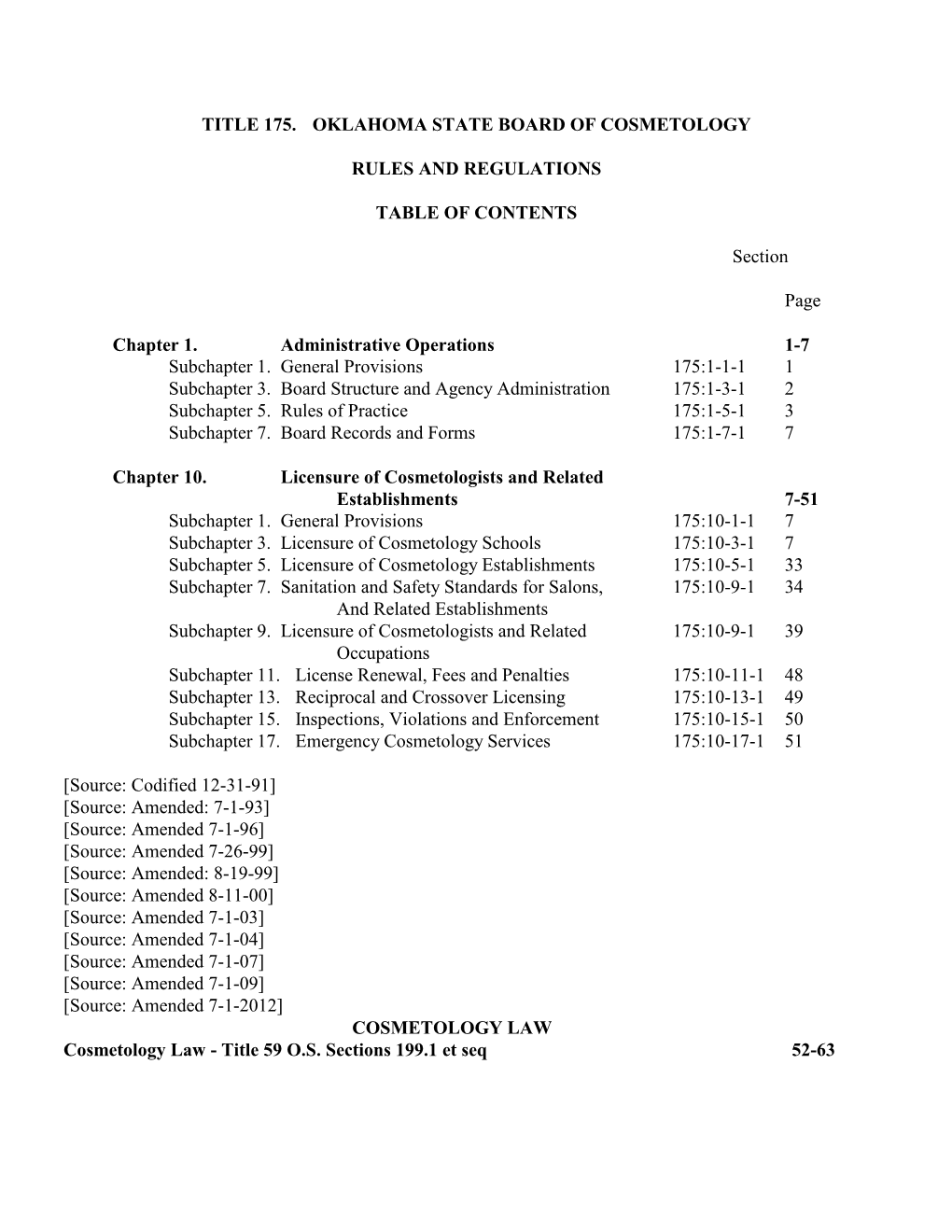 Title 175. Oklahoma State Board of Cosmetology Rules