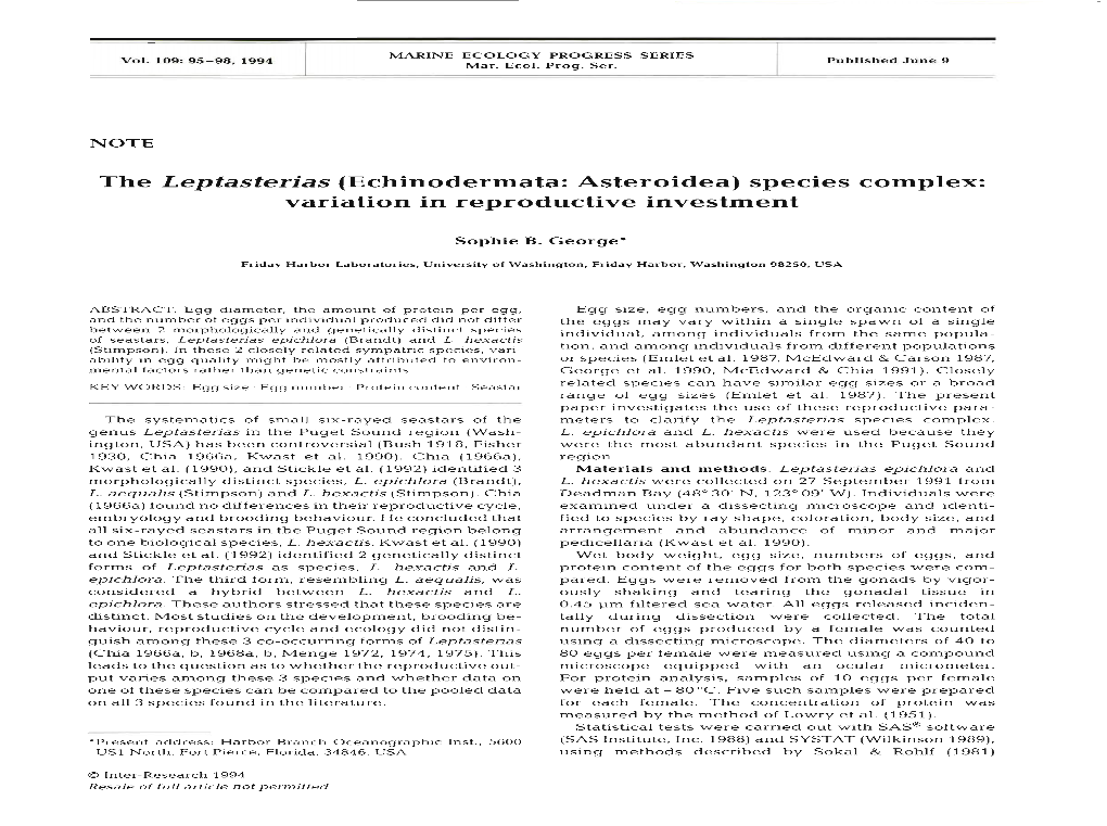 The Leptasterias (Echinodermata: Asteroidea) Species Complex: Variation in Reproductive Investment