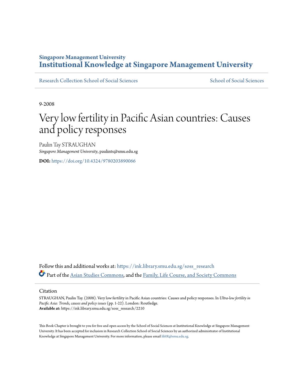 Very Low Fertility in Pacific Asian Countries