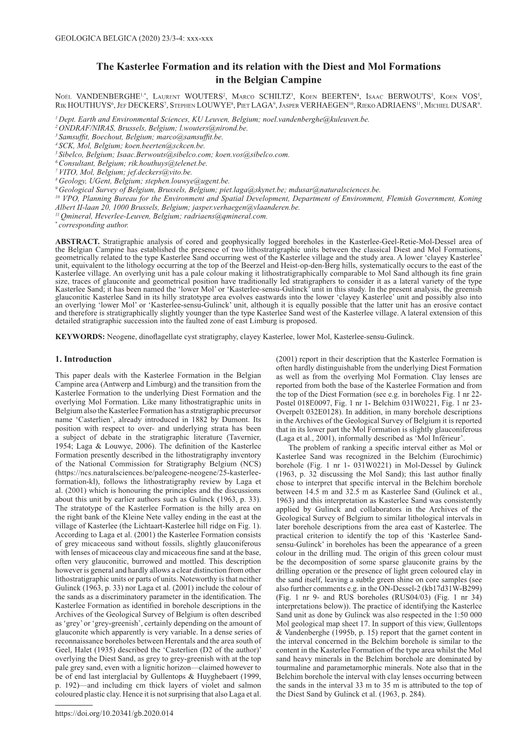 The Kasterlee Formation and Its Relation with the Diest and Mol Formations in the Belgian Campine