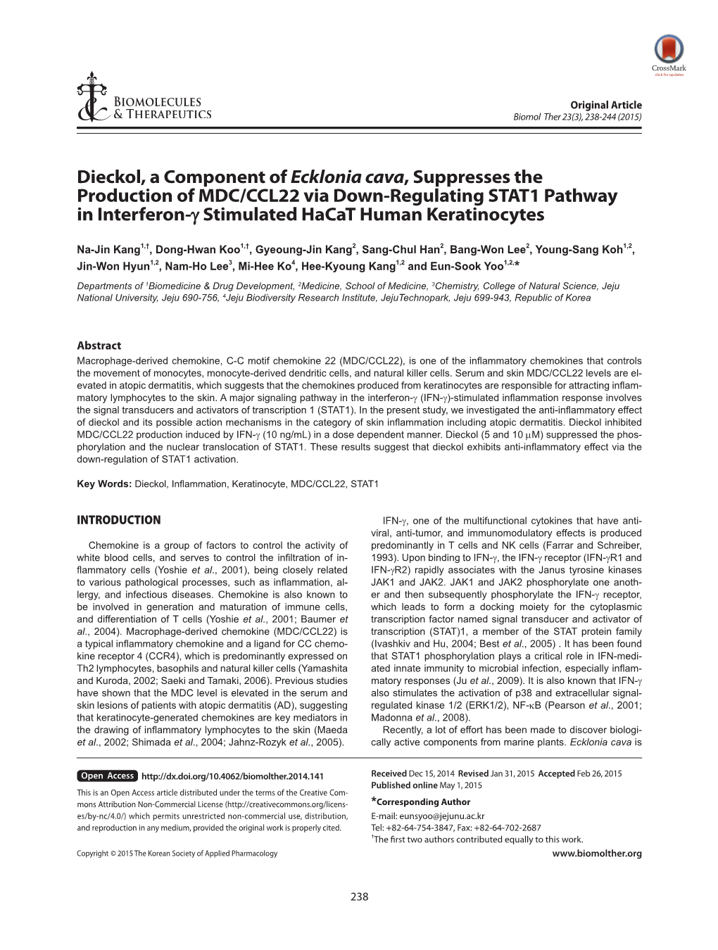 Dieckol, a Component of Ecklonia Cava, Suppresses the Production of MDC/CCL22 Via Down-Regulating STAT1 Pathway in Interferon-Γ Stimulated Hacat Human Keratinocytes