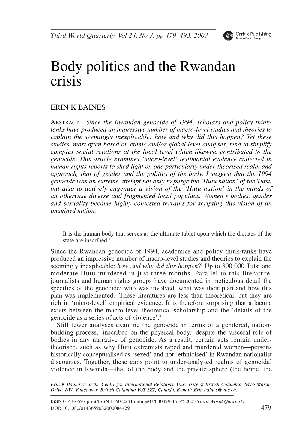 Body Politics and the Rwandan Crisis
