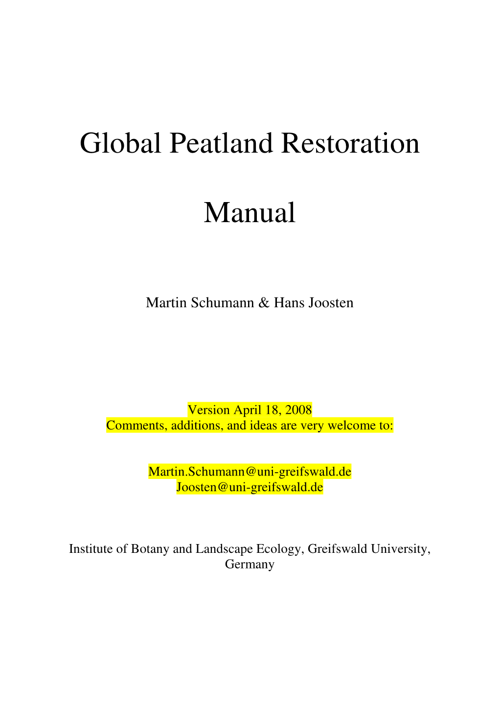 Global Peatland Restoration Manual