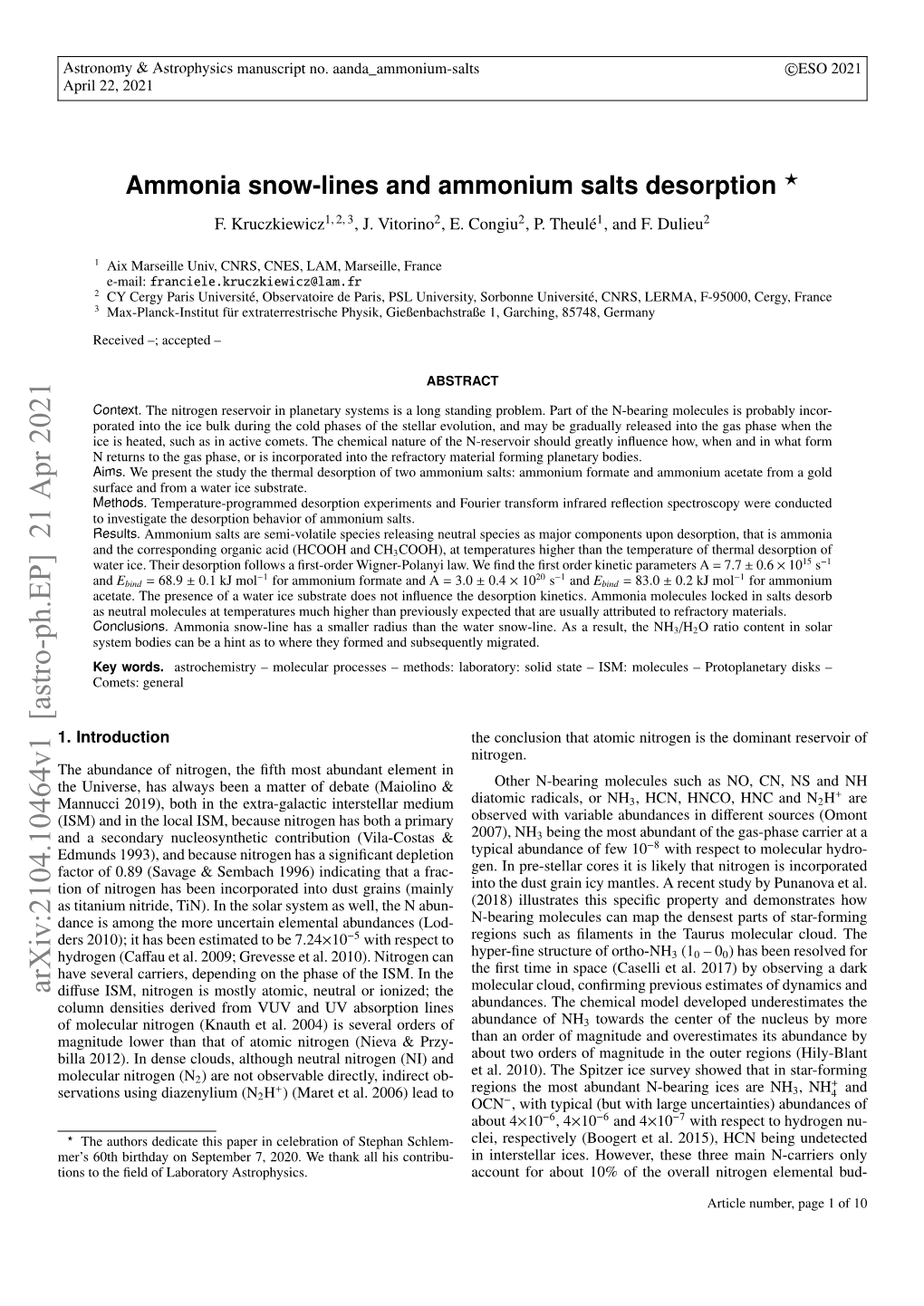 Ammonia Snow-Lines and Ammonium Salts Desorption ? F