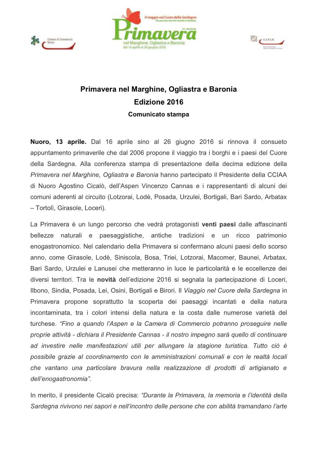 Presentazione Primavera Nel Marghine, Ogliastra E Baronia 2016