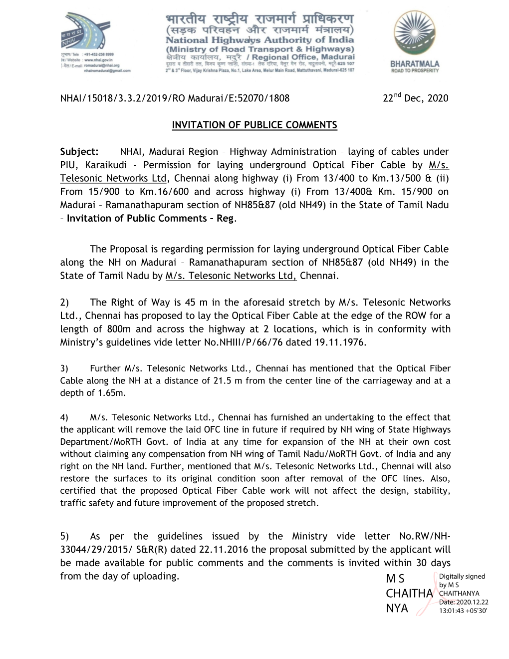 NHAI, Madurai Region – Highway Administration – Laying of Cables Under PIU, Karaikudi - Permission for Laying Underground Optical Fiber Cable by M/S