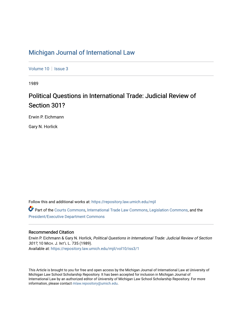 Political Questions in International Trade: Judicial Review of Section 301?