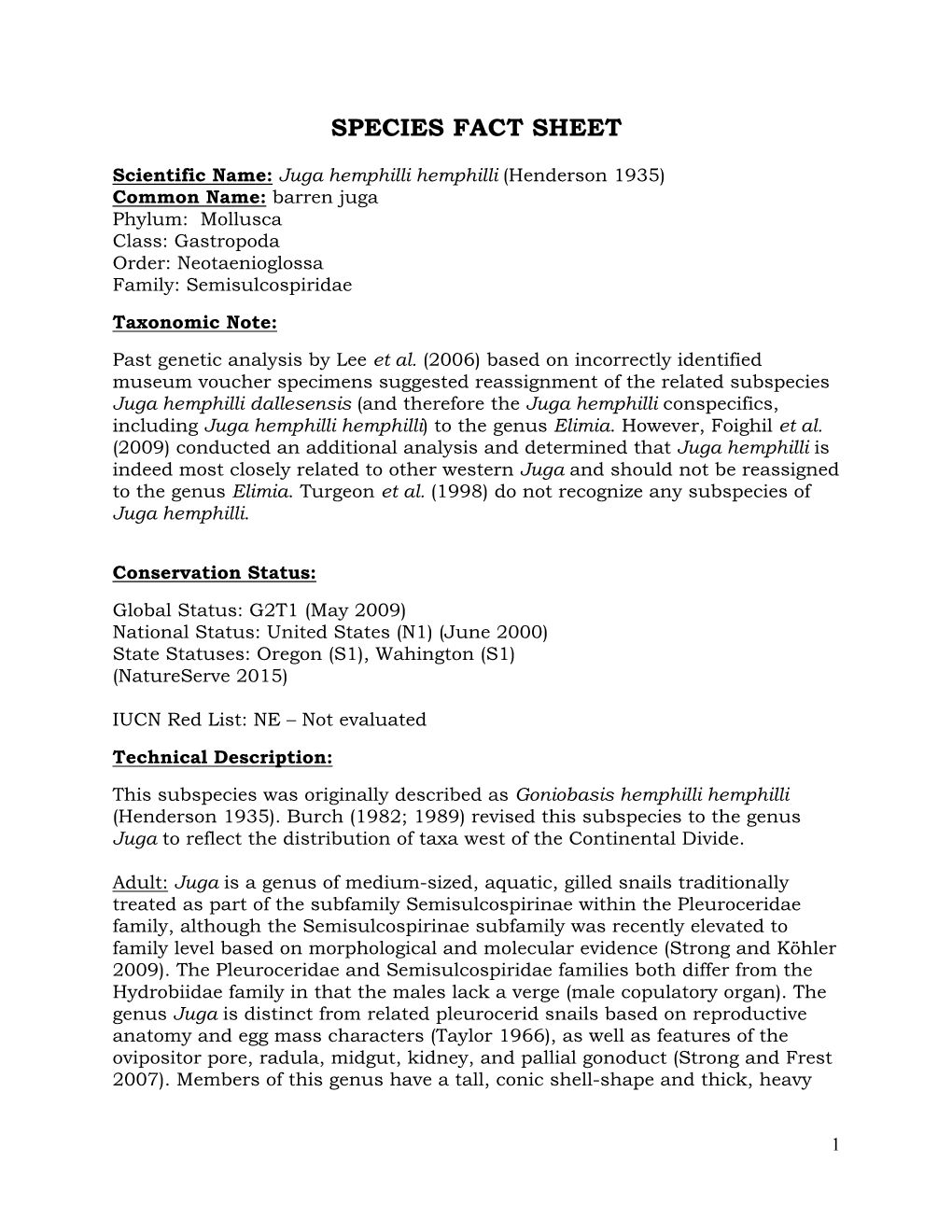 Species Fact Sheet with Juga Hemphilli Hemphilli