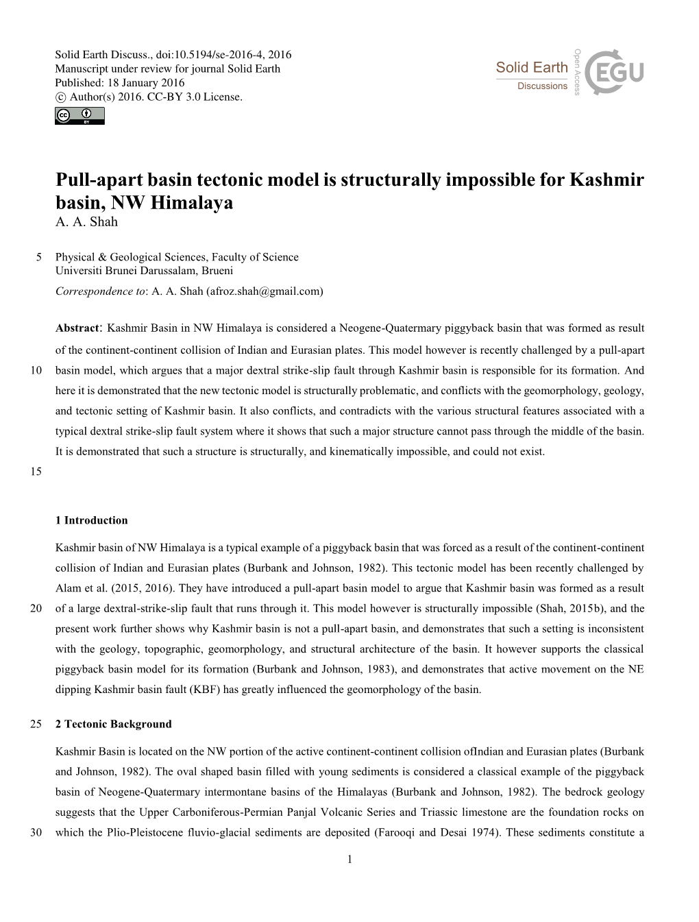 Pull-Apart Basin Tectonic Model Is Structurally Impossible for Kashmir Basin, NW Himalaya A