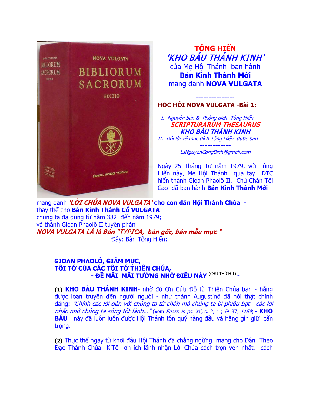 TÔNG HIẾN 'KHO BÁU THÁNH KINH' Của Mẹ Hội Thánh Ban Hành Bản Kinh Thánh Mới Mang Danh NOVA VULGATA
