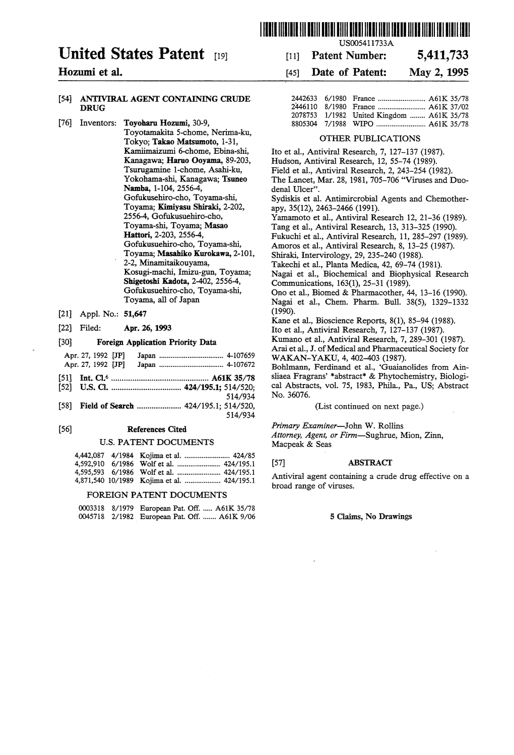 |||||||IIIIHIIII US005411733A United States Patent 19 11 Patent Number: 5,411,733 Hozumi Et Al