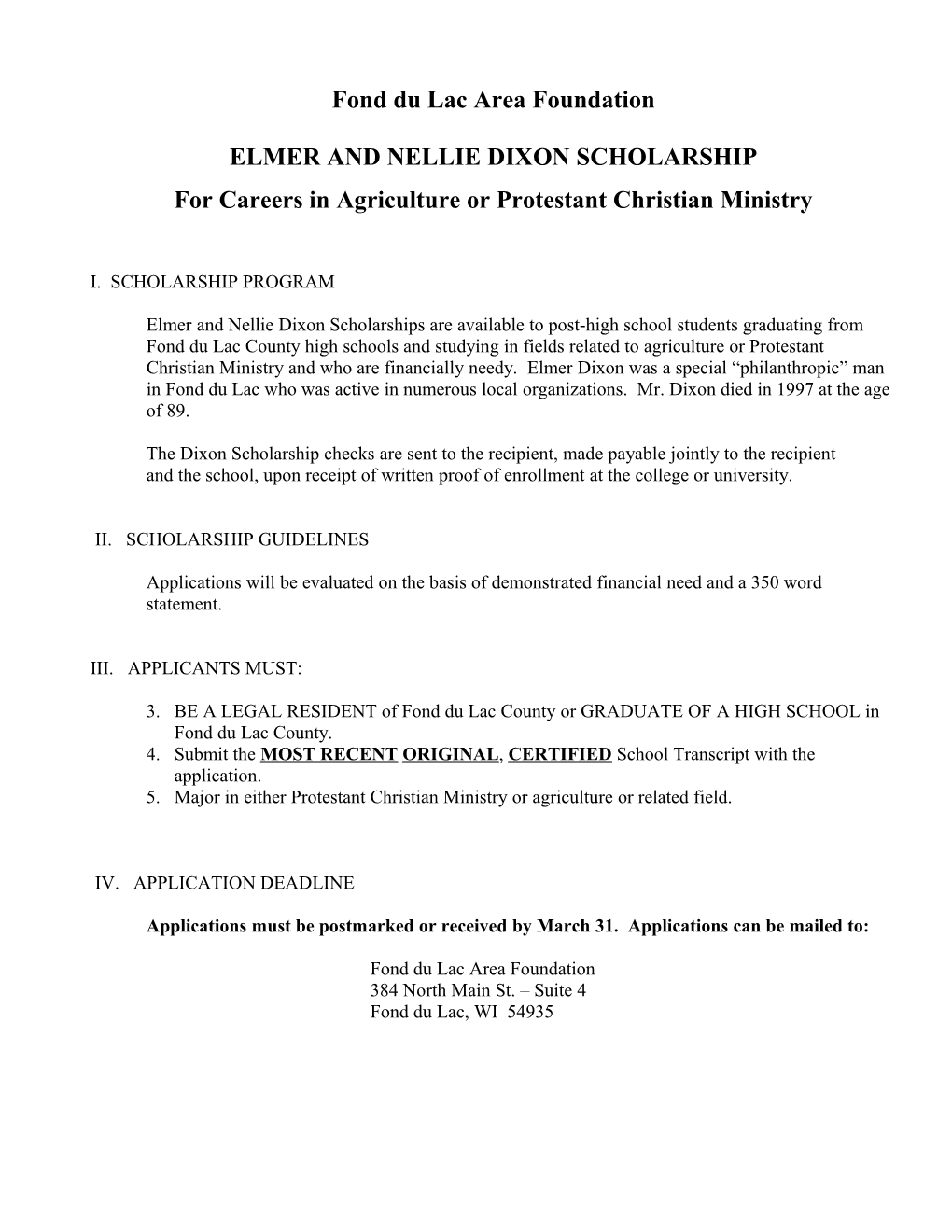 Elmer and Nellie Dixon Scholarship