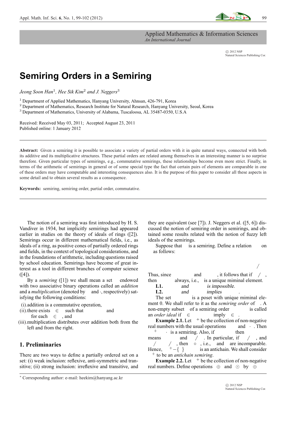 Semiring Orders in a Semiring -.:: Natural Sciences Publishing