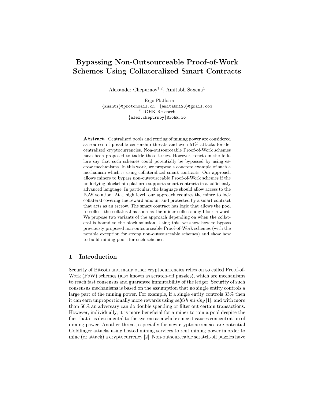 Bypassing Non-Outsourceable Proof-Of-Work Schemes Using Collateralized Smart Contracts