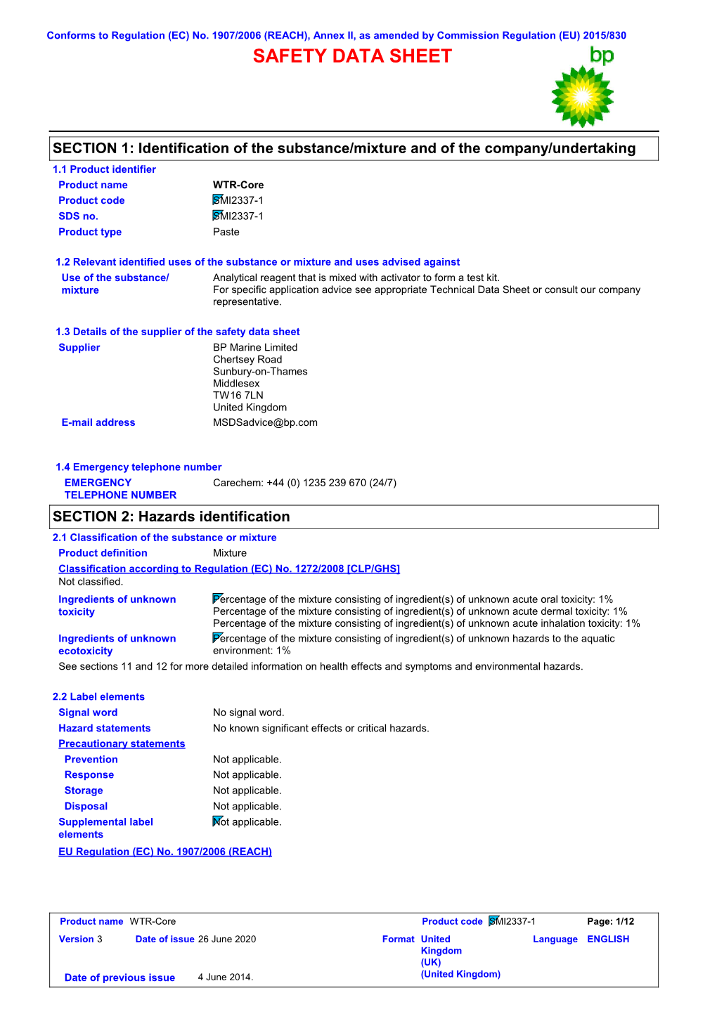 WTR-Core Product Code SMI2337-1 SDS No