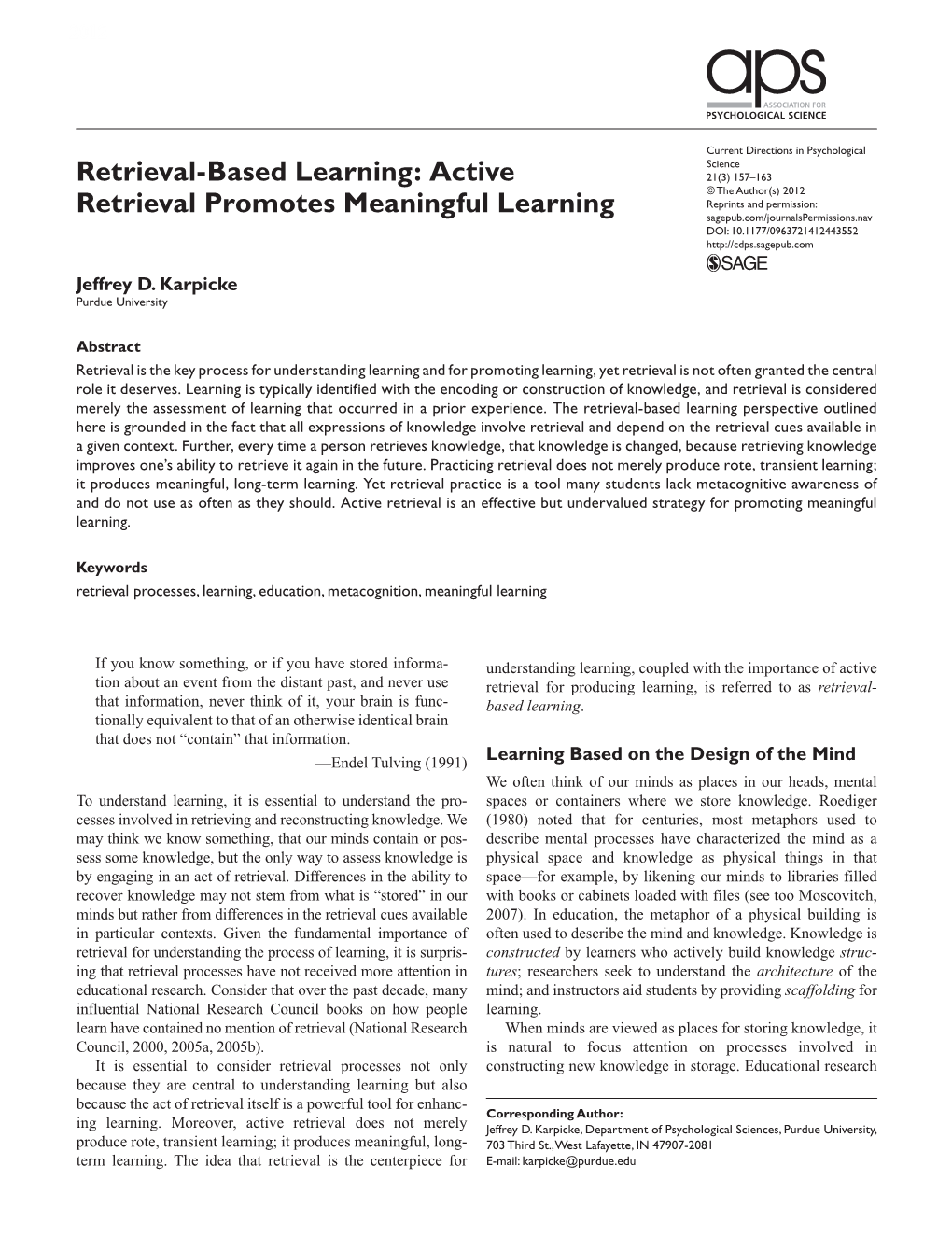 Retrieval-Based Learning: Active Retrieval Promotes Meaningful