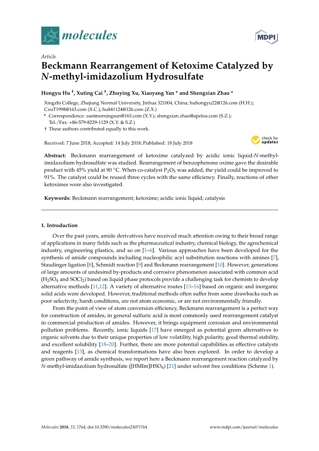 Beckmann Rearrangement of Ketoxime Catalyzed by N-Methyl-Imidazolium Hydrosulfate