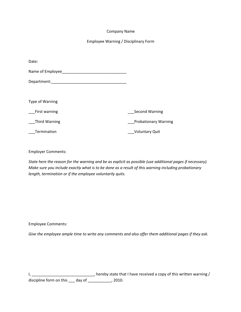 Employee Warning / Disciplinary Form