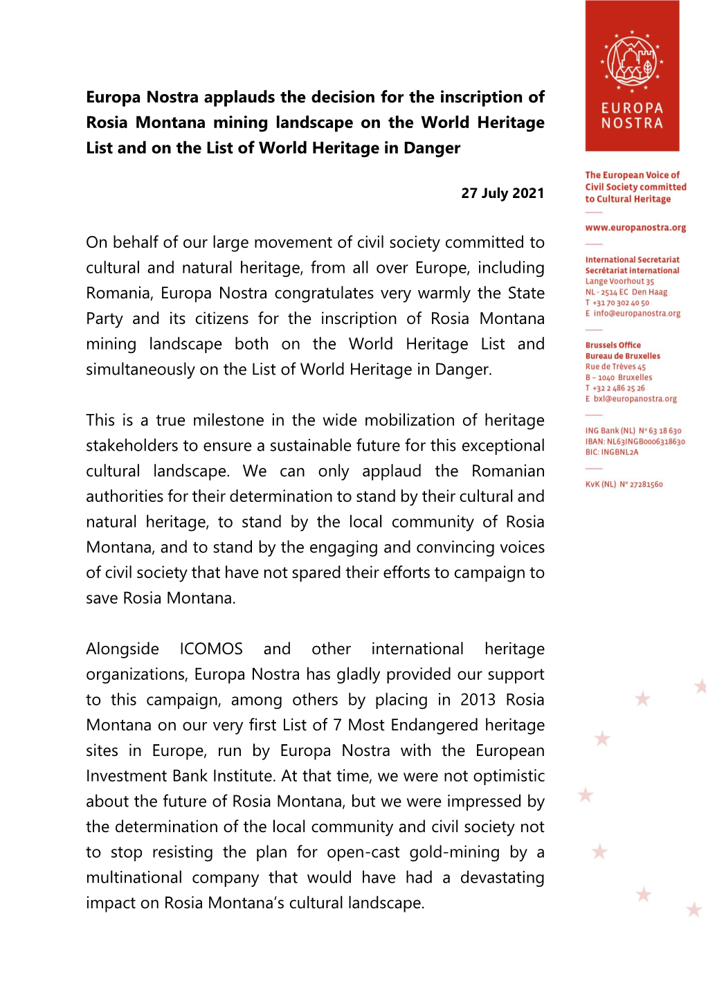 Europa Nostra Applauds the Decision for the Inscription of Rosia Montana Mining Landscape on the World Heritage List and on the List of World Heritage in Danger