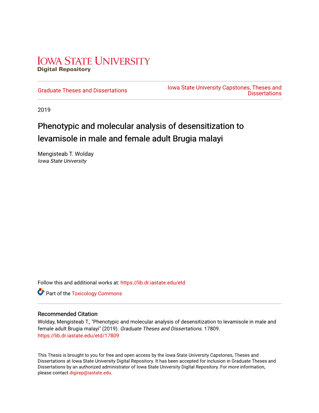 Phenotypic and Molecular Analysis of Desensitization to Levamisole in Male and Female Adult Brugia Malayi