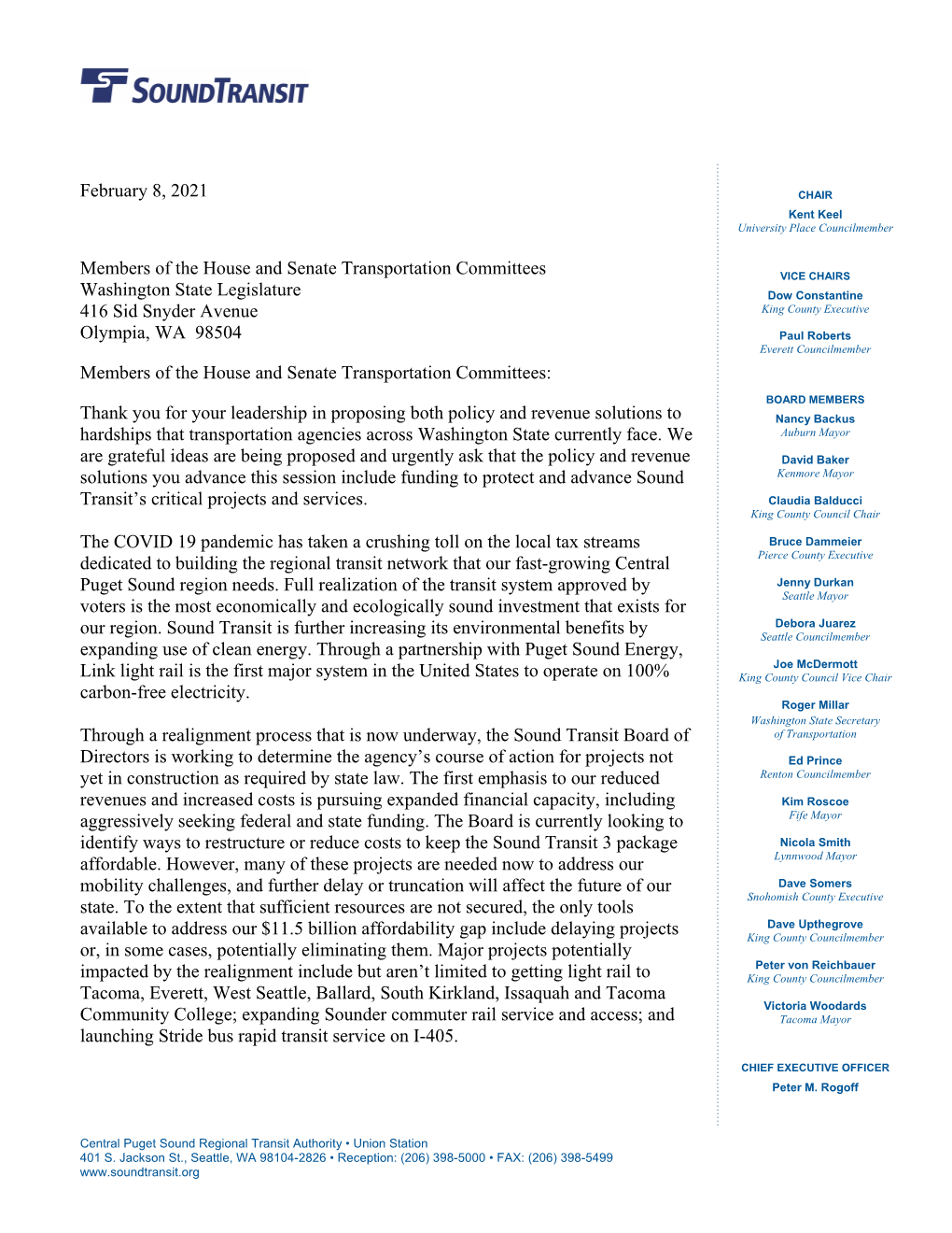 Letter from the Sound Transit Board to Members of the House and Senate