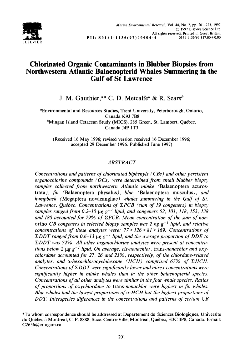 Chlorinated Organic Contaminants in Blubber Biopsies from Northwestern Atlantic Balaenopterid Whales Summering in the Gulf of St Lawrence