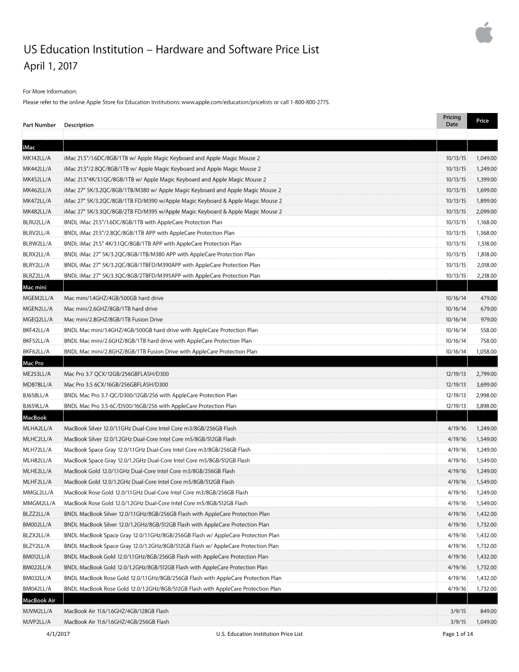 US Education Institution Price List