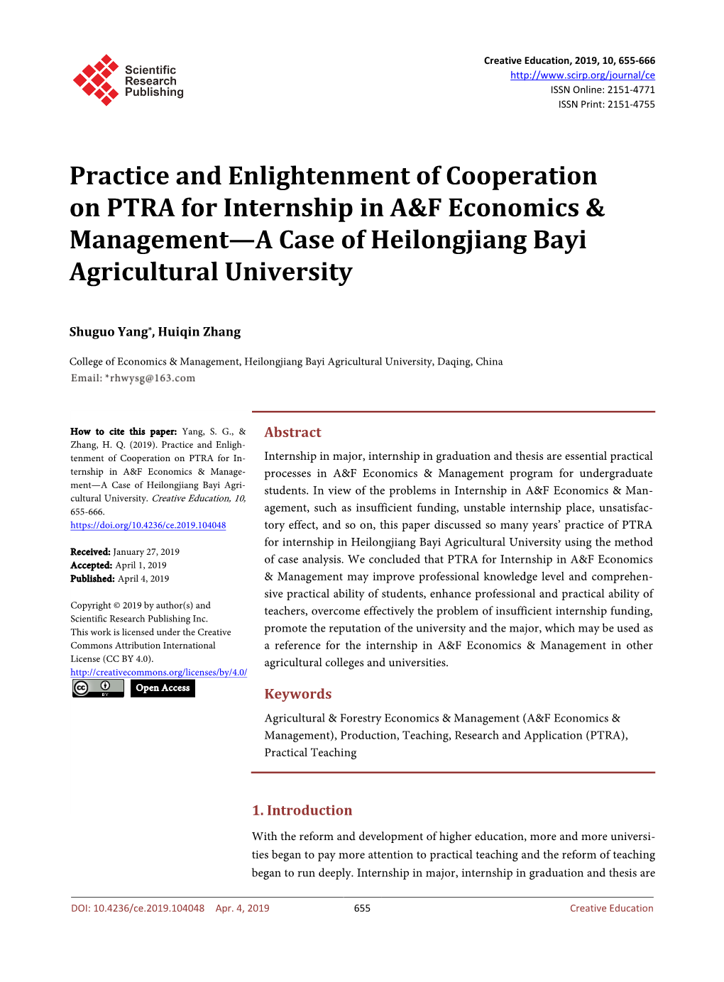 Practice and Enlightenment of Cooperation on PTRA for Internship in A&F Economics & Management—A Case of Heilongjiang Bayi Agricultural University