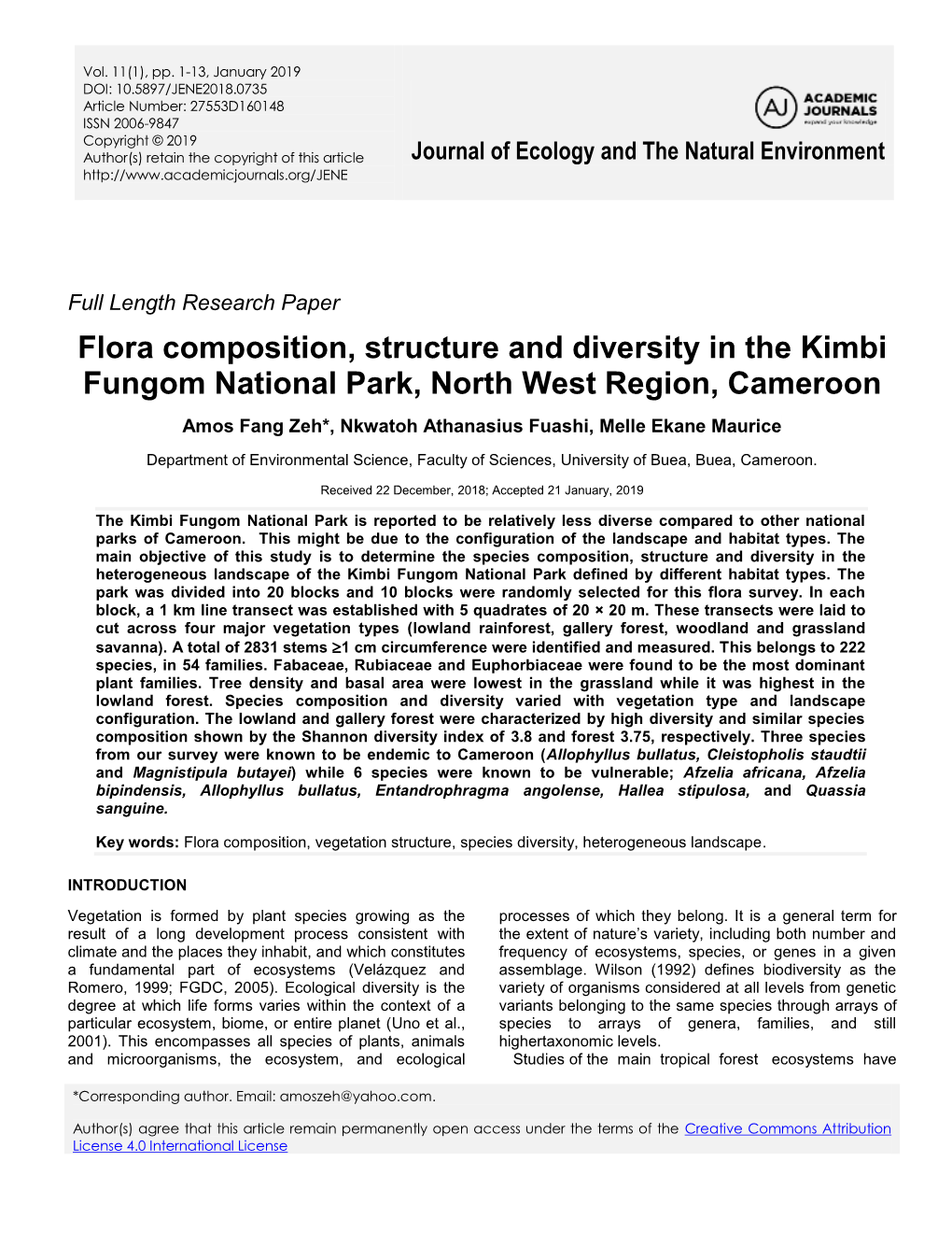 Flora Composition, Structure and Diversity in the Kimbi Fungom National Park, North West Region, Cameroon
