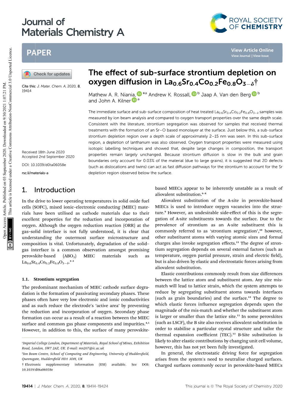 The Effect of Sub-Surface Strontium Depletion on Oxygen Diffusion In
