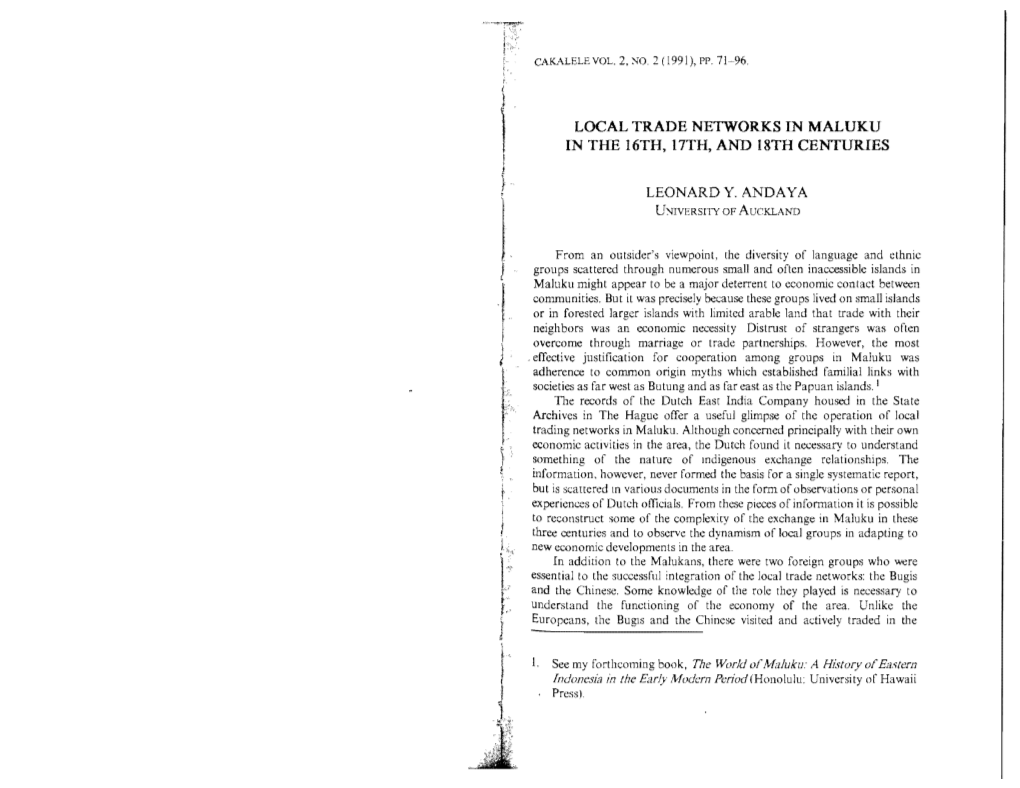 Local Trade Networks in Maluku in the 16Th, 17Th and 18Th Centuries