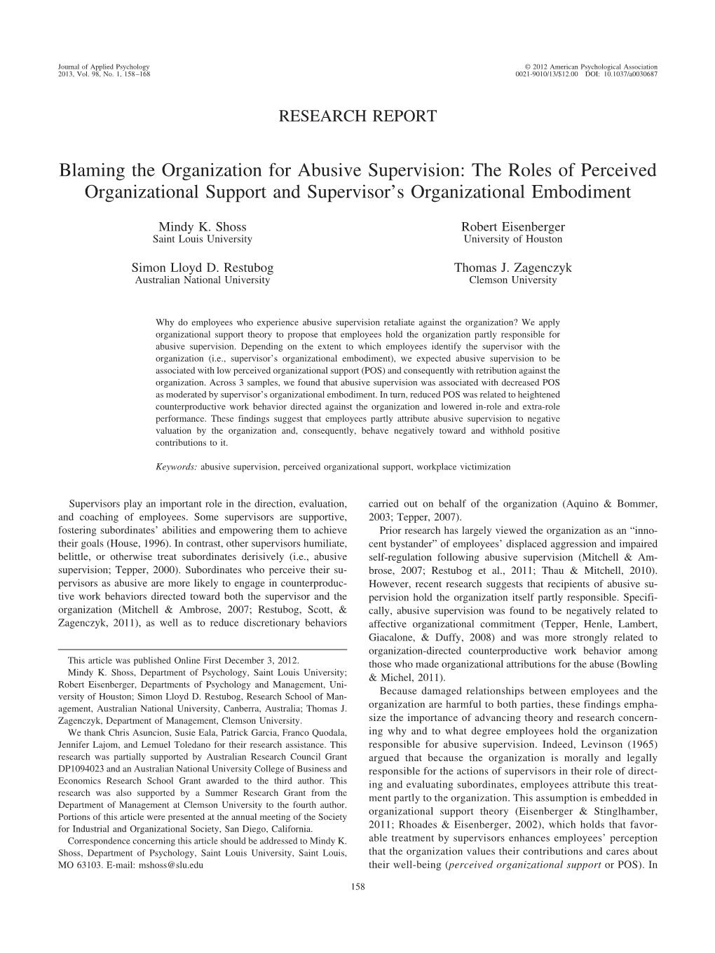 Blaming the Organization for Abusive Supervision: the Roles of Perceived Organizational Support and Supervisor’S Organizational Embodiment