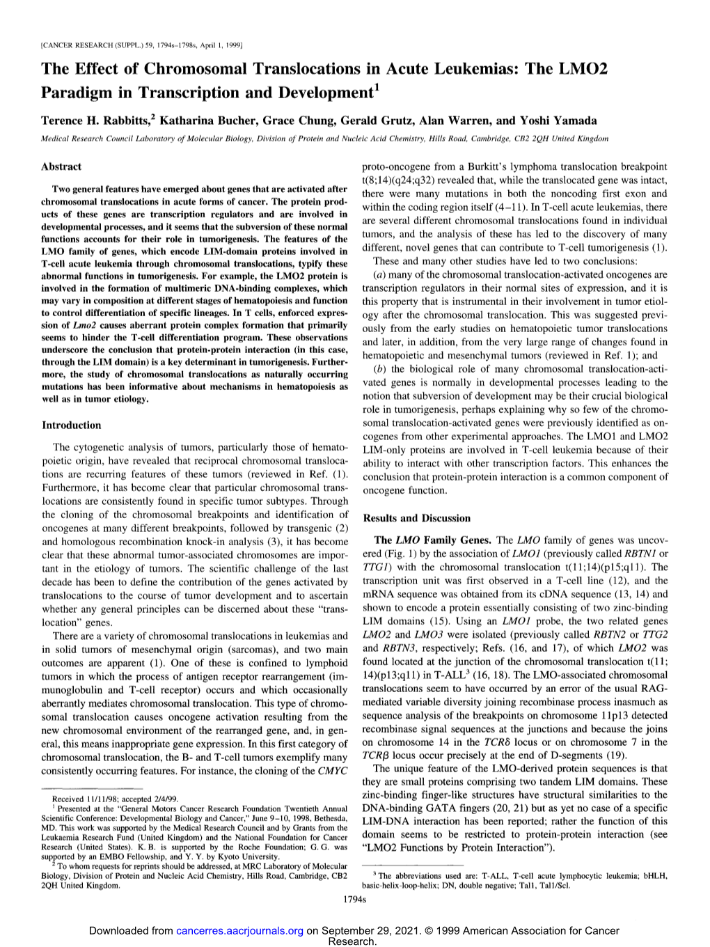 The Effect of Chromosomal Translocations in Acute Leukemias: the LMO2 Paradigm in Transcription and Development I