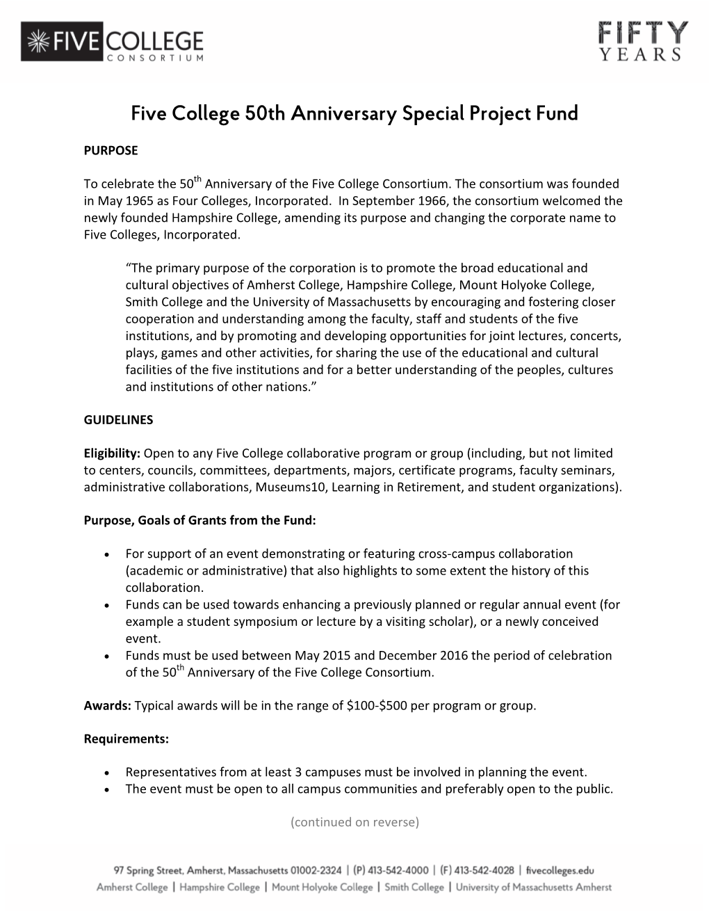 Five College 50Th Anniversary Special Project Fund