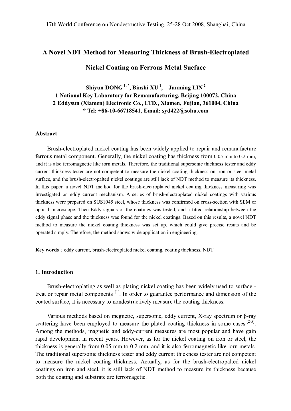 A Novel NDT Method for Measuring Thickness of Brush-Electroplated