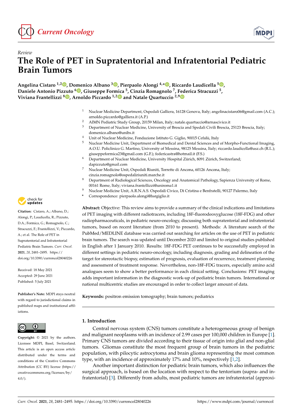The Role of PET in Supratentorial and Infratentorial Pediatric Brain Tumors